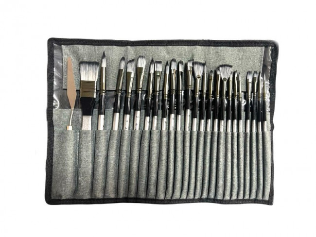 Кисти набор 23 шт., 1 мастихин №3,  синтетика, деревянная ручка, пенал скрутка, Bomeija/A7602-B