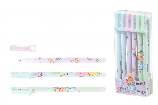 Ручка со стираемыми чернилами гелевая: "КИТЁНОК"; цветной корпус с рисунком /ассорти/; толщина пишущего наконечника 0,38 mm, цвет чернил синий.