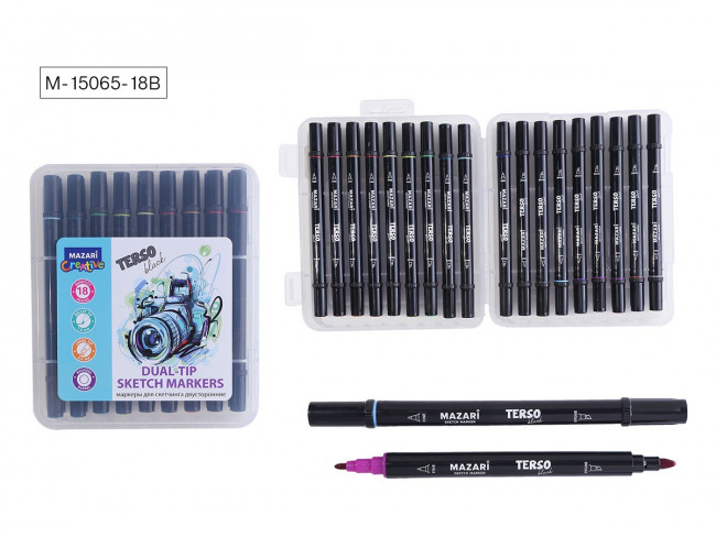 Набор маркеров для скетчинга двусторонних TERSO BLACK,18цв., корпус круглый, пулевид./клиновид.наконечники, пиш.узлы 1.0-3.0мм, пластиковый пенал с европодвесом