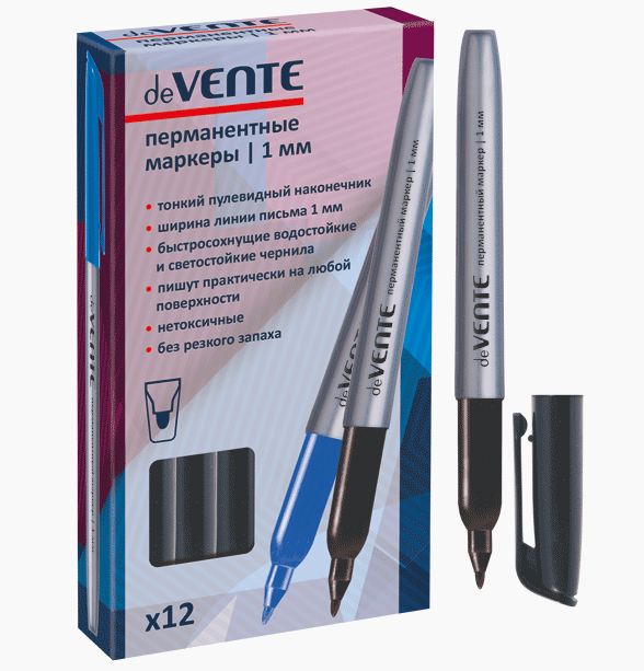 Маркер перманентный "deVENTE" круглый корпус, с клипом, пулевидный наконечник, ширина линии 1 мм, черный (12)