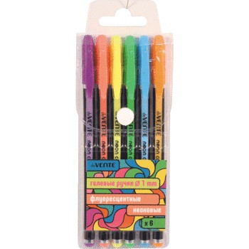 Набор ручек гелевых "deVENTE. Neon Black" 06 флуоресцентных неоновых цветов, d=1 мм, черный корпус с цветными полосами, сменный стержень, в пластиковом блистере