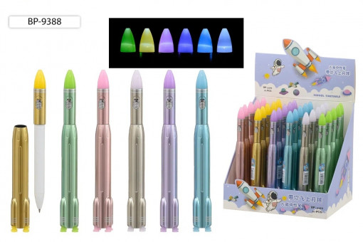 Ручка шариковая синяя "Ракета", прорезиненный наконечник фонарик, Basir/BP-9388 (30)