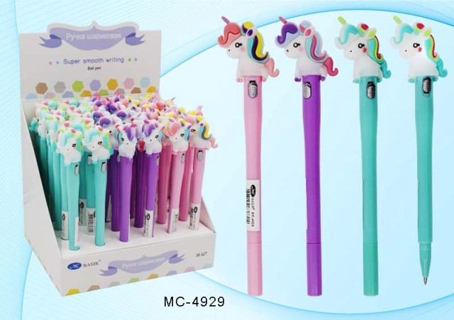 Шариковая ручка: детская; "ЕДИНОРОГ"; цветной  корпус /ассорти/,  прорезиненный клип фонарик-единорог, цвет чернил-синий.