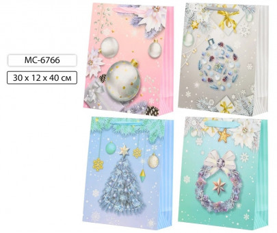Подарочный пакет 30*12*40 см "Новогодние", плотный, с блёстками, Basir/МС-6766 (20)