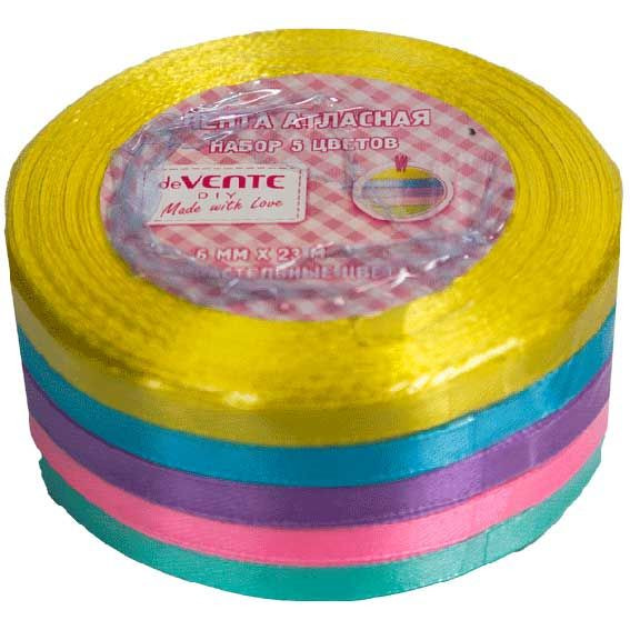 Набор лент 6мм x 23м декоративных атласных, пастельное ассорти, 5 шт, deVENTE/9040300