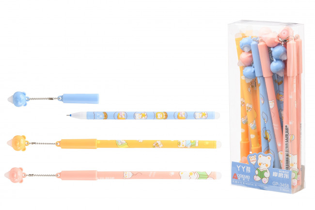 Ручка со стираемыми чернилами гелевая: "МИШКА"; цветной корпус с рисунком /ассорти/, колпачок с брелоком; толщина пишущего наконечника 0,38 mm, цвет чернил синий.