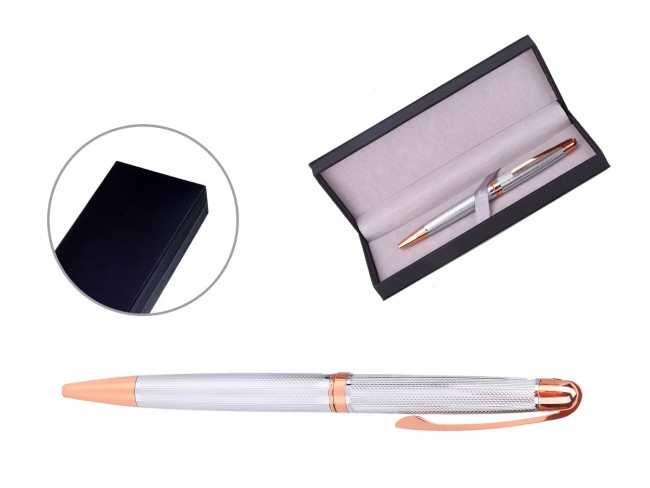 Ручка шариковая с поворотным механизмом RITA SC в подарочной упаковке , СИНЯЯ, чернила на масляной основе, пулевидный пиш. узел 0.7 мм, серебристый металлический корпус с деталями цвета шампань , сменный стержень 97 мм типа Parker Ручка шариковая с поворотным механизмом RITA SC в подарочной упаковке , СИНЯЯ, чернила на масляной основе, пулевидный пиш. узел 0.7 мм, серебристый металлический корпус с деталями цвета шампань , сменный стержень 97 мм типа Parker