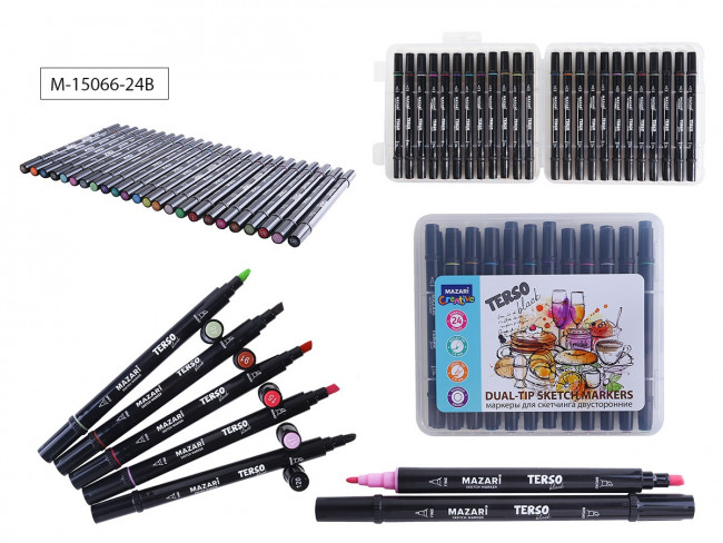 Набор маркеров для скетчинга двусторонних TERSO BLACK,24цв., корпус круглый, пулевид./клиновид.наконечники, пиш.узлы 1.0-3.0мм, пластиковый пенал с европодвесом