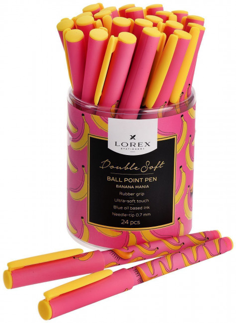 Ручка маслянная синяя: 0,7мм BANANA MANIA DOUBLE SOFT роз. кругл. корп. ultra-soft touch грип игольчатый наконечник, LOREX (24) Ручка маслянная синяя: 0,7мм BANANA MANIA DOUBLE SOFT роз. кругл. корп. ultra-soft touch грип игольчатый наконечник, LOREX (24)