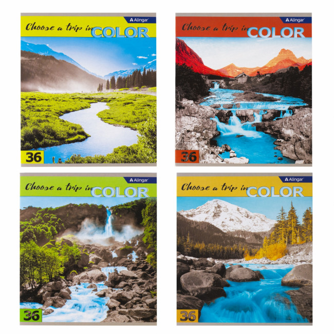 Тетрадь А5 36л клетка "Пейзаж" скрепка, мелованный картон, AL9546 (12/72)