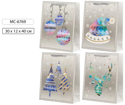 Подарочный пакет 30*12*40 см "Новогодние", плотный, с блёстками, Basir/МС-6769 (20)