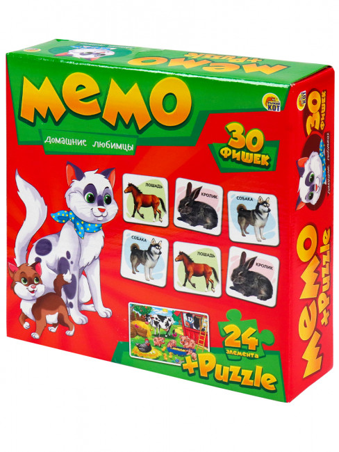 Игра Мемо (30 фишек) + пазлы (24 элемента) "Домашние любимцы", Рыжий Кот/МП-0366