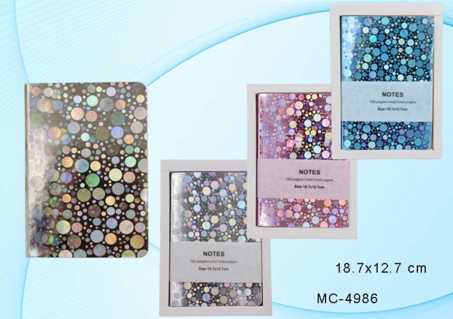 Блокнот для записей: обложка-плотная голография-круги, цветная, /ассорти/, блок- офсет, линейка (прошитый), в картонной упаковке; 80 листов; 18,8*12,8 см.