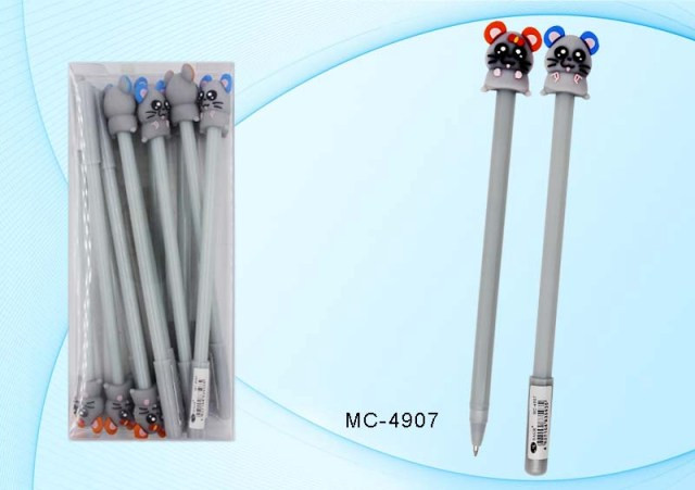 Шариковая ручка: детская; "МЫШКА"; серый корпус, съёмный прорезиненный наконечник, в пластиковой упаковке, цвет чернил-синий.