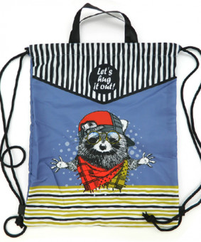 Мешок для обуви  CY-9554 "Енотик" серо-голубой полиэстер, 33.5*42см, с ручкой, чёрные завязки (2/20/250)