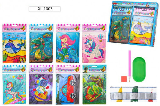 Алмазная мозаика: для детей, 13,5*18 см, частичная выкладка; состав: картон, акриловые круглые стразы, стилус, лоток, 8 ярких рисунков, XL-1003 (16) Алмазная мозаика: для детей, 13,5*18 см, частичная выкладка; состав: картон, акриловые круглые стразы, стилус, лоток, 8 ярких рисунков, XL-1003 (16)