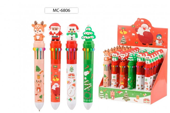 Авторучка 10-ти цветная: детская; "НОВОГОДНИЕ", наконечник- Дед Мороз, Ёлка, олень, снеговик, Basir/МС-6806 (36)