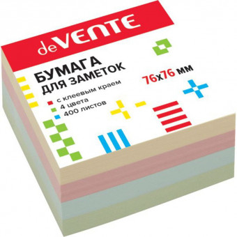 Клейкая бумага для заметок 76x76 мм 400 л, офсет 75 г/м², 4 пастельных цвета, deVENTE/2010905 (12)