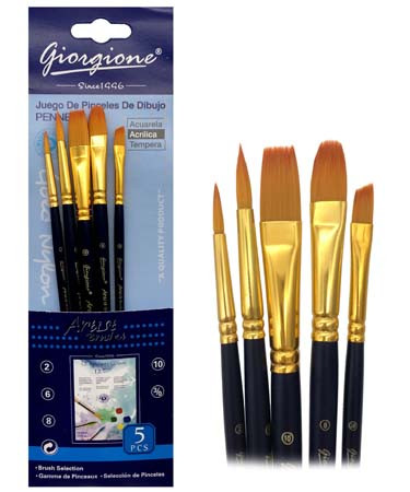 Кисти набор 5 шт. Синтетика Круглые (№2,6) и плоские (№3/10, 8, 10) в ПВХ пакете №G-158H, QR-34 (1/24/360)