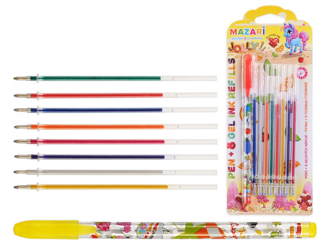 Набор: ручка + 8 гелевых стержней 1,0мм 8цв M-5541 с блёстками, ароматизированные, JOLLY Mazari (48/576)