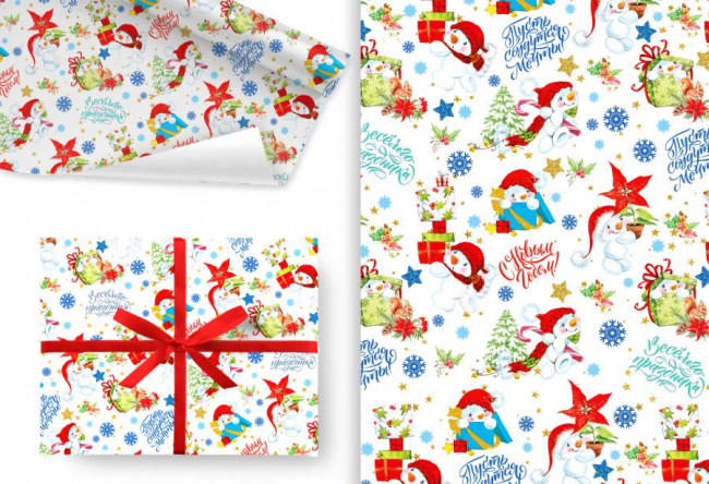 Бумага крафт 78гр/м2, 100см х 70см "Снеговики с подарками", Микрос/Ч44676 (5)