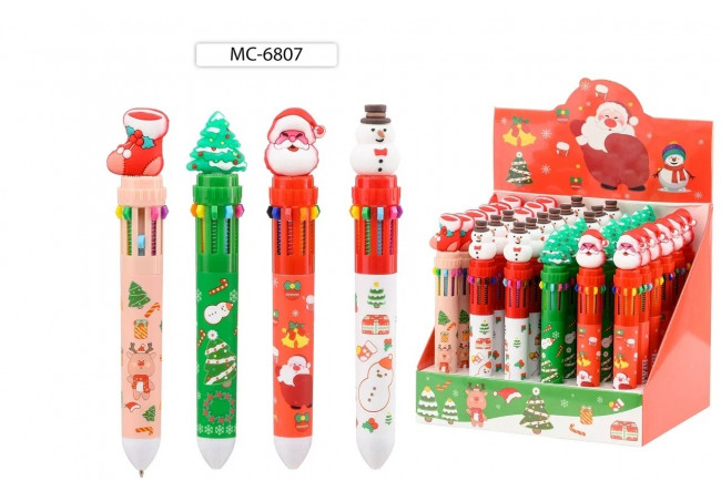 Авторучка 10-ти цветная: детская; "НОВОГОДНИЕ", наконечник- Дед Мороз, ёлка, сапог, снеговик, Basir/МС-6807 (36)