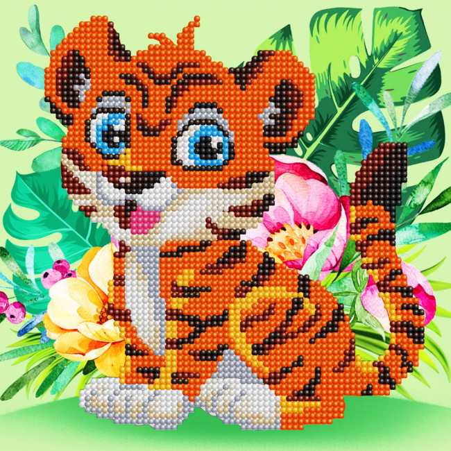 Алмазная мозаика 30*30 "Тигрёнок в джунглях", частичная выкладка, MOD032