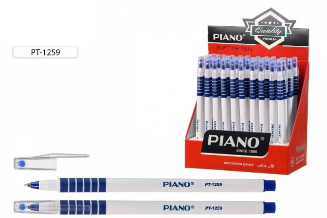 Ручка шариковая: с чернилами на масляной основе "Piano"; белый пластиковый корпус, прозрачный колпачок с клипом, цветной рельефный держатель, цвет чернил-синий.
