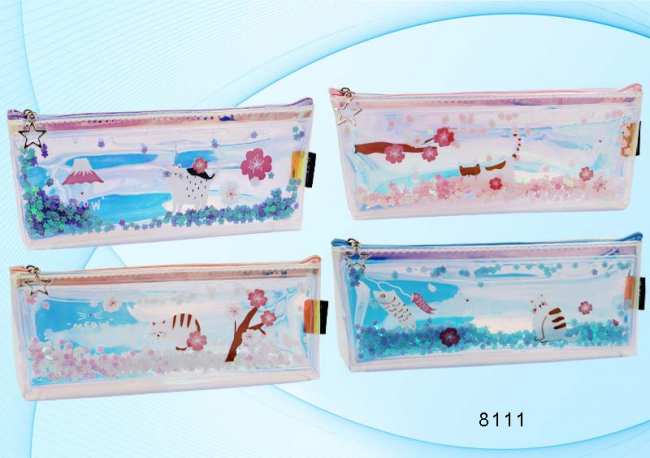 Пенал-косметичка: "КОШКА"; из синтетического материала с плавающими цветными пайетками, полупрозрачный( гладкий, перламутровый), на молнии, с рисунком /ассорти/, в пластиковой упаковке; размер 21*8,5 см.