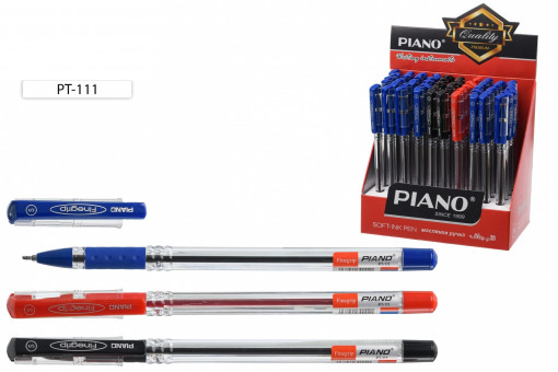 Ручка с чернилами на масляной основе "Piano Finegrip" 3 цв. прозрачный корпус,игольчатый стержень, резиновый держатель, прозрачный колпачок с цветным клипом, /3 цв.:35-син,10-чёр,5-красн./,0,5 mm.