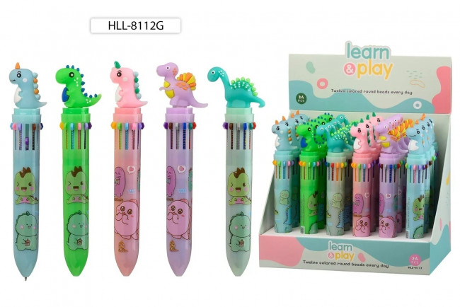 Авторучка 12-ти цветная: детская; "ДИНОЗАВРИК", наконечник- Диназаврик, Basir/HLL-8112G (24)