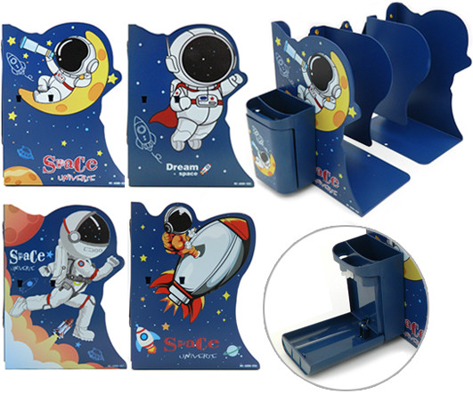 Подставка для книг - держатель на полку DA-108 "Космонавт" металлическая, 19х15см, цвета ассорти, с дополнительным стаканом, в к/кор №6888 (1/24)