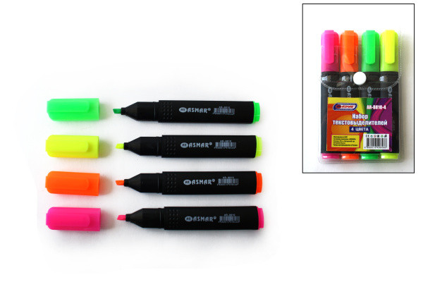 Набор текстмаркеров 4 шт, желтый,зеленый,розовый, Asmar (24)