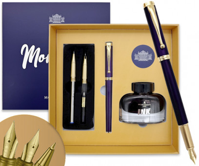 Ручка в футляре  TJ-28 Montagut (син) 0.5мм перьевая, Баклажан/золото, металл корпус, поршневая + чернила 30мл, сменное перо, сменная ручка роллер со стержнем, в к/к M308 (1/20)