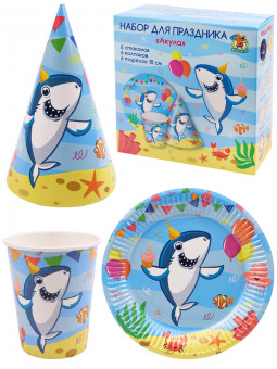 Набор для праздника Акула (тарелка 6шт, стаканы 6 шт, колпаки 6 шт) ФЛ-0946 Набор для праздника Акула (тарелка 6шт, стаканы 6 шт, колпаки 6 шт) ФЛ-0946