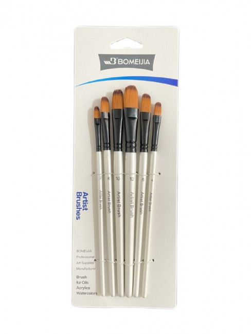 Кисти набор 6 шт. синтетика, плоские, овальные (№2,4,6,8,10,12) белая ручка, Bomeija/A0647Z