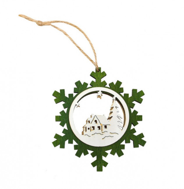 Новогоднее украшение. Деревянная подвеска объемная Зеленая снежинка, 11 см  НДУ-8379
