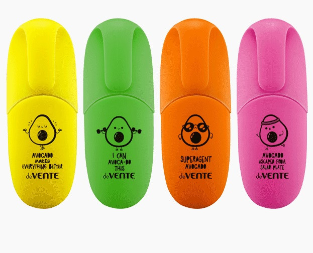 Маркер-выделитель "deVENTE. Avocado" плоский мини-корпус с запечаткой, скошенный наконечник, ширина линии 1-5 мм, в пластиковой банке, 4 неоновых цвета