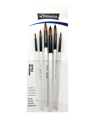 Кисти набор 6 шт. Синтетика Круглые (№2, 4, 6, 8, 10, 12) в ПВХ пакете, CD-29 (1/24/288)