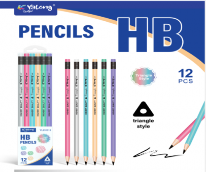 Карандаш чернографитный НB с ластиком, трёхгранный Yalong/YL231315 (12)