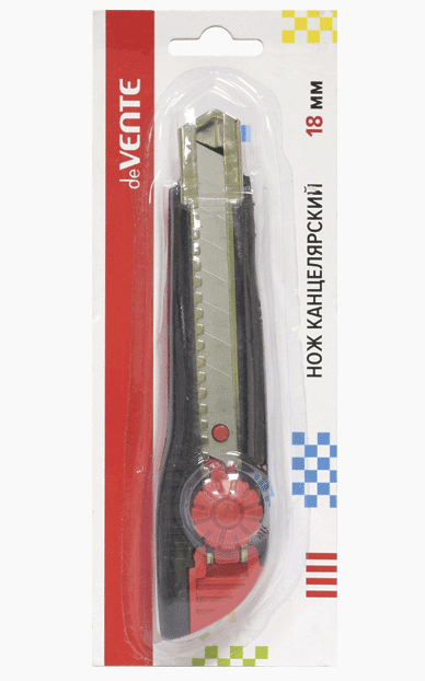 Нож канцелярский "deVENTE" 18 мм, металлические направляющие, ручная блокировка лезвия, картонный блистер, черный с красным Нож канцелярский "deVENTE" 18 мм, металлические направляющие, ручная блокировка лезвия, картонный блистер, черный с красным