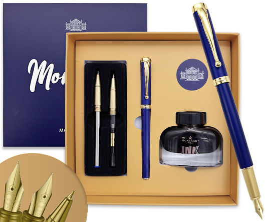 Ручка в футляре  TJ-33 Montagut (син) 0.5мм перьевая, Синяя/золото, металл корпус, поршневая + чернила 30мл, сменное перо, сменная ручка роллер с стержнем, в к/к M308 (1/20)