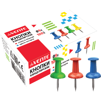 Кнопки канцелярские d 9мм силовые, цветные. в форме гвоздика, 100 шт, deVENTE/4132309 (10)