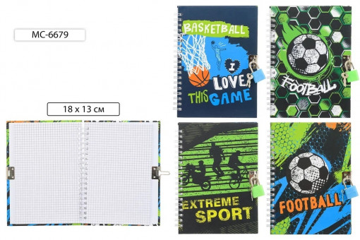 Блокнот детский 18*13см 48л "СПОРТ", клетка, цветная обложка с рисунком+ замочек, Basir/МС-6679