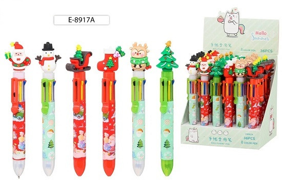 Авторучка 8-ти цветная: детская; "НОВОГОДНИЕ", наконечник- Дед Мороз, Ёлка, сапог, снеговик,олененок,сани, Basir/E-8917A-1 (36)