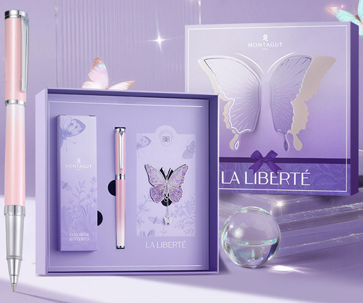 Ручка в футляре  TJ-93 Montagut (син) 0,6мм роллер, Розовая градиент, корпус металл + чехлом, закладка "Бабочка", в к/к №702А (1/40)