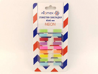 Набор самоклеящихся этикеток-закладок "Attomex" пластиковые полупрозрачные, в диспенсере Z-сложение, 45x6 мм, 9x10 листов, 9 неоновых цветов, в картонном блистере, клейкая основа у обратной стороны диспенсера