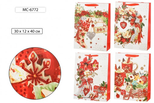 Подарочный пакет 30*12*40см "С Новым Годом!", плотный, с блестками -цветными, Basir/МС-6772 (20)