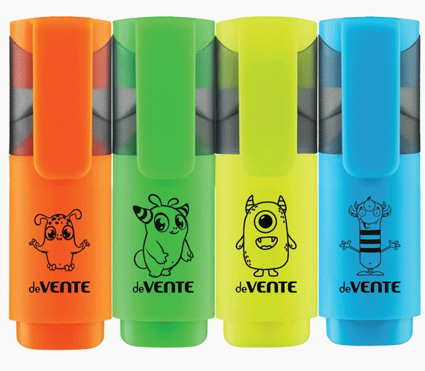 Маркер-выделитель "deVENTE. Monsters" плоский мини-корпус с запечаткой, скошенный наконечник, ширина линии 1-5 мм, в пластиковой банке, 4 неоновых цвета Маркер-выделитель "deVENTE. Monsters" плоский мини-корпус с запечаткой, скошенный наконечник, ширина линии 1-5 мм, в пластиковой банке, 4 неоновых цвета