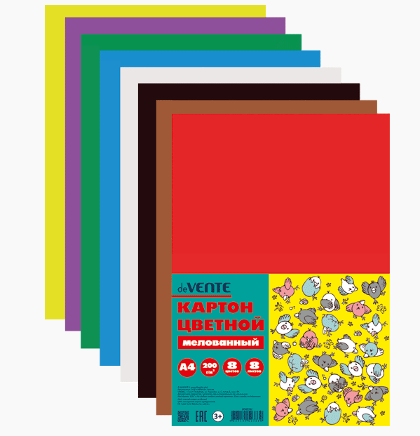 Картон цветной "deVENTE. Birds" A4 (203x283 мм) мелованный 200 г/м², 8 цв, 8 л, в пластиковом пакете